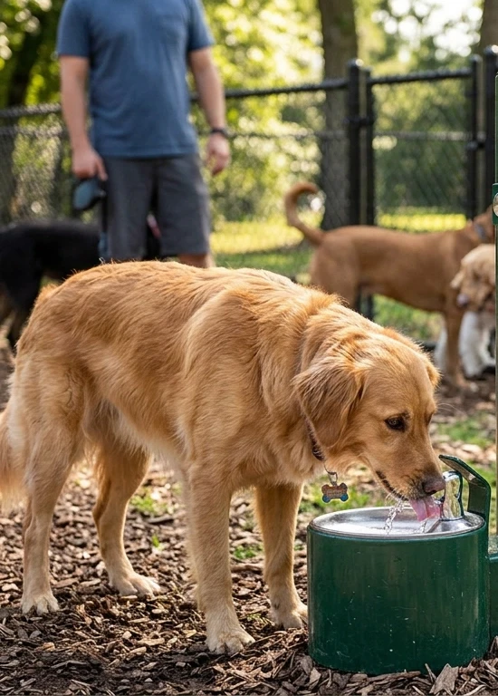 Dog owner activating a commercial dog park drinking fountain while a Golden Retriever drinks water from the bowl.